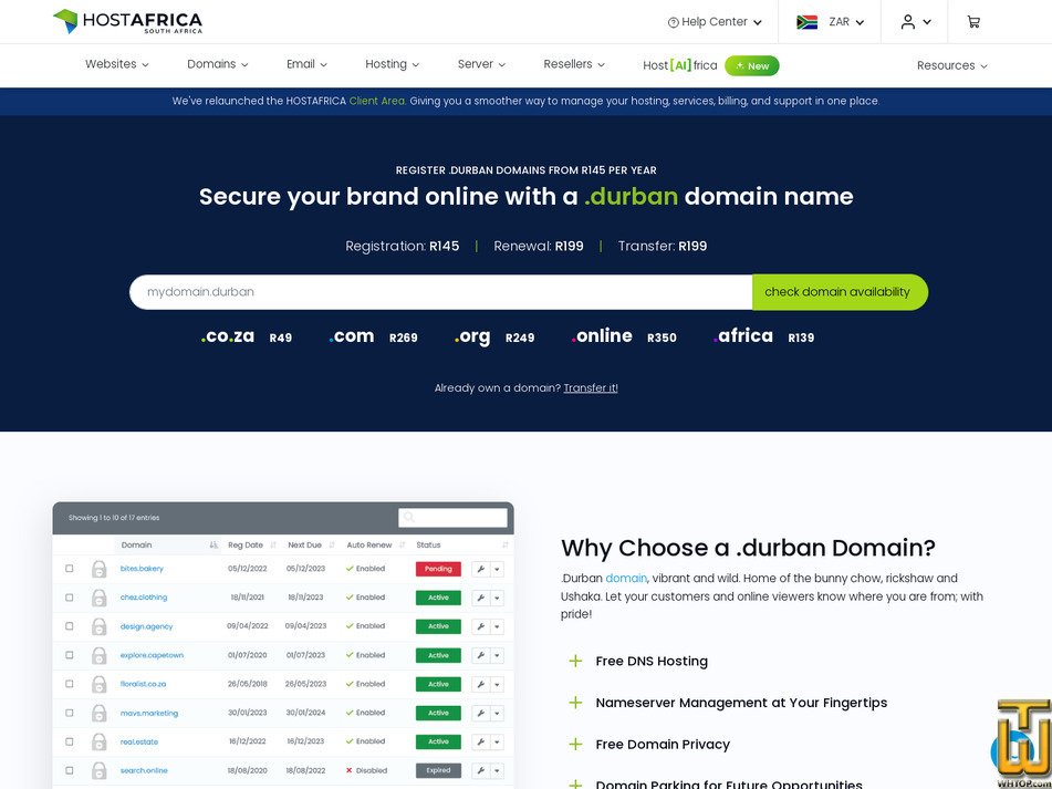 Taken on 17 July, 2026 screenshot of .durban from hostafrica.co.za