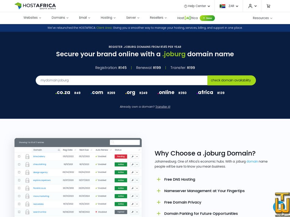 Taken on 17 July, 2026 screenshot of .joburg from hostafrica.co.za