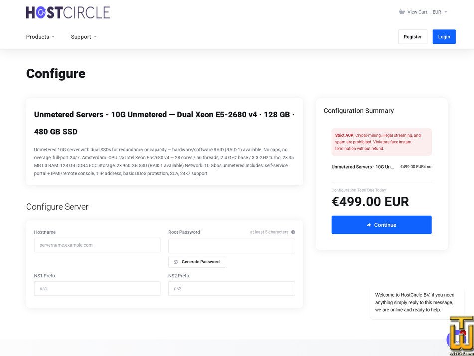 Taken on 19 August, 2026 screenshot of Dual E5 2680v4 128GB 2x1TB 100TB on 10G from hostcircle.nl