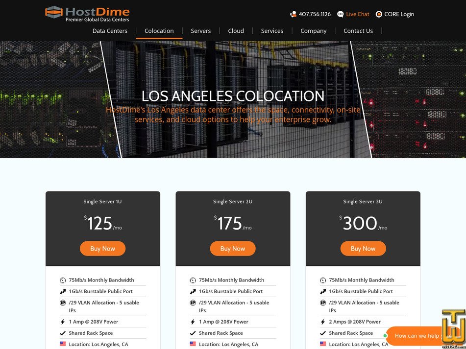 screenshot of Single Server 1U from hostdime.com