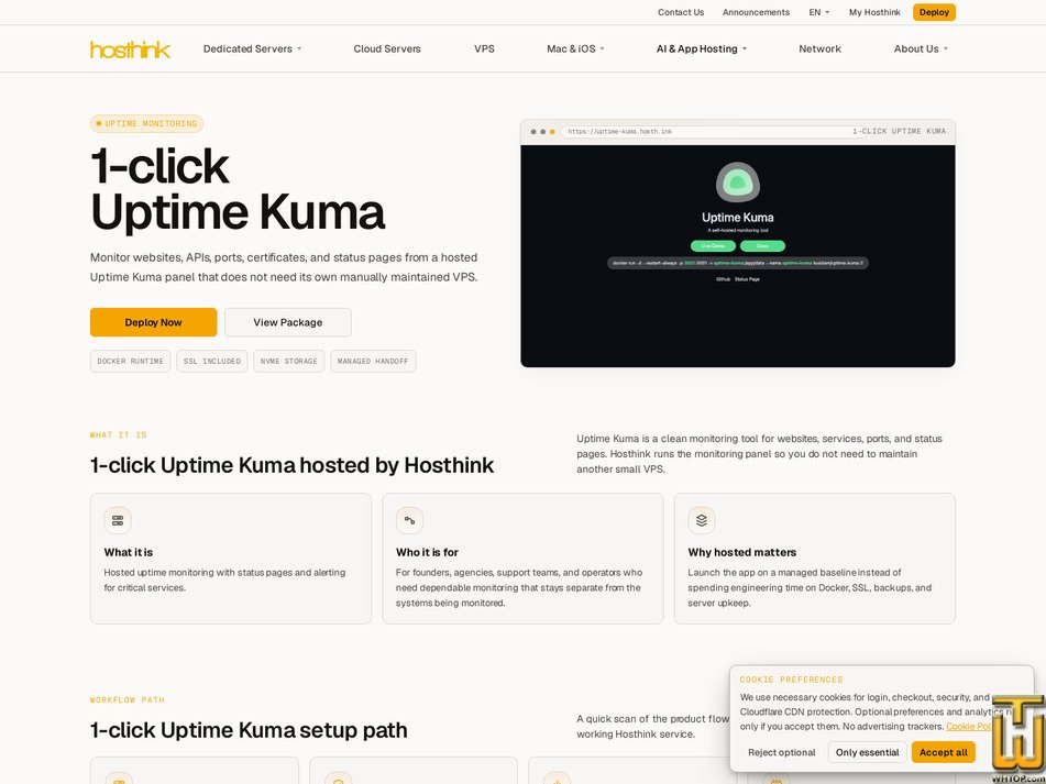 Taken on 21 September, 2026 screenshot of 1-click Uptime Kuma from hosthink.net