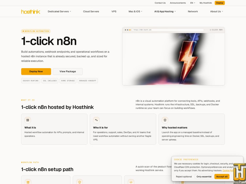 screenshot of 1-click n8n from hosthink.net
