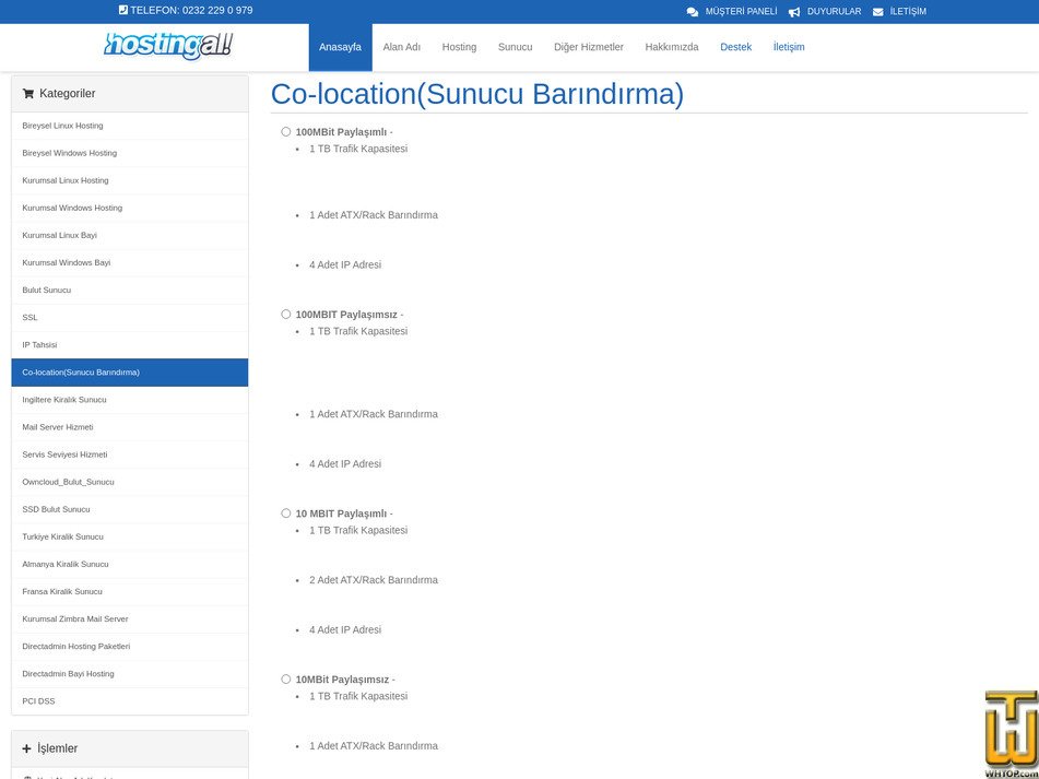 screenshot of Shared 100 Mbps Colocation from hostingal.com