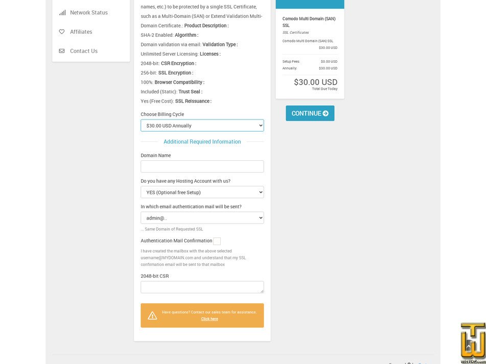 Taken on 29 January, 2026 screenshot of Comodo Multi Domain (SAN) SSL from hostseo.com