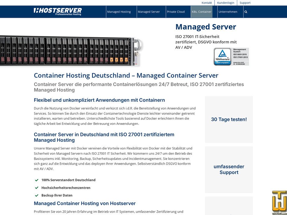 screenshot of Managed Container Start from hostserver.de