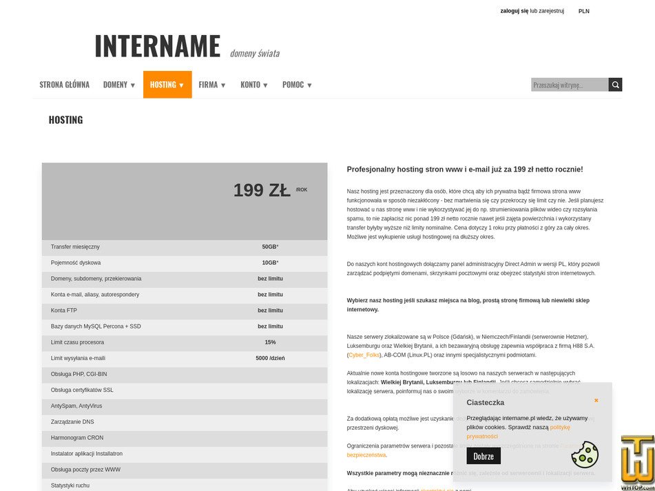 screenshot of Hosting dla www i e-mail (Europa) from intername.pl