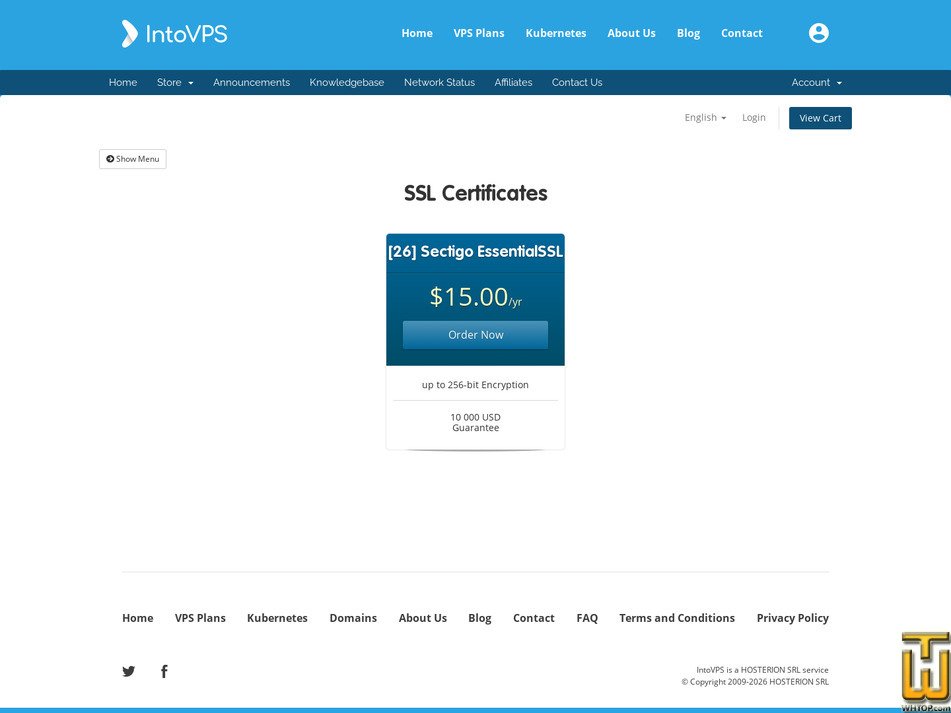 Taken on 23 February, 2026 screenshot of Sectigo EssentialSSL from intovps.com