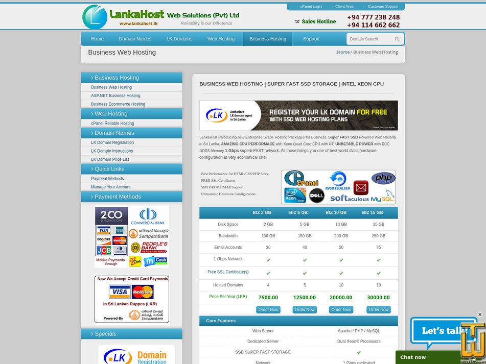 screenshot of BIZ 2 GB from lankahost.lk