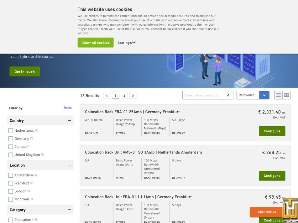 screenshot of Colocation Rack AMS-01 46U 10Amp from leaseweb.com
