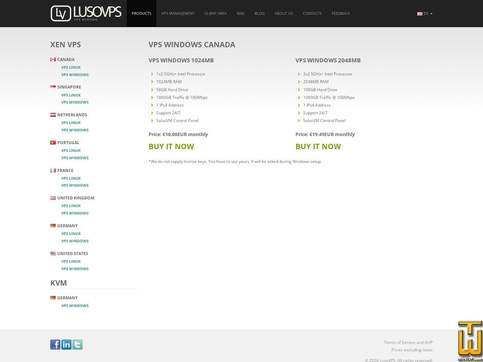 Taken on 18 June, 2026 screenshot of VPS Windows 1024MB CA from lusovps.com
