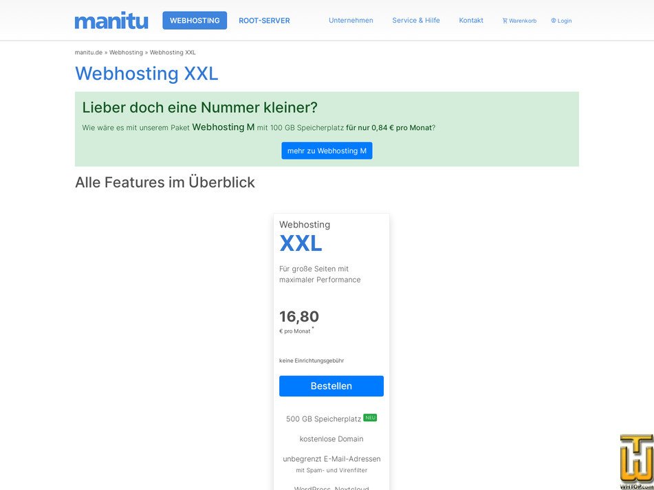 Taken on 23 March, 2026 screenshot of Webhosting XXL from manitu.de