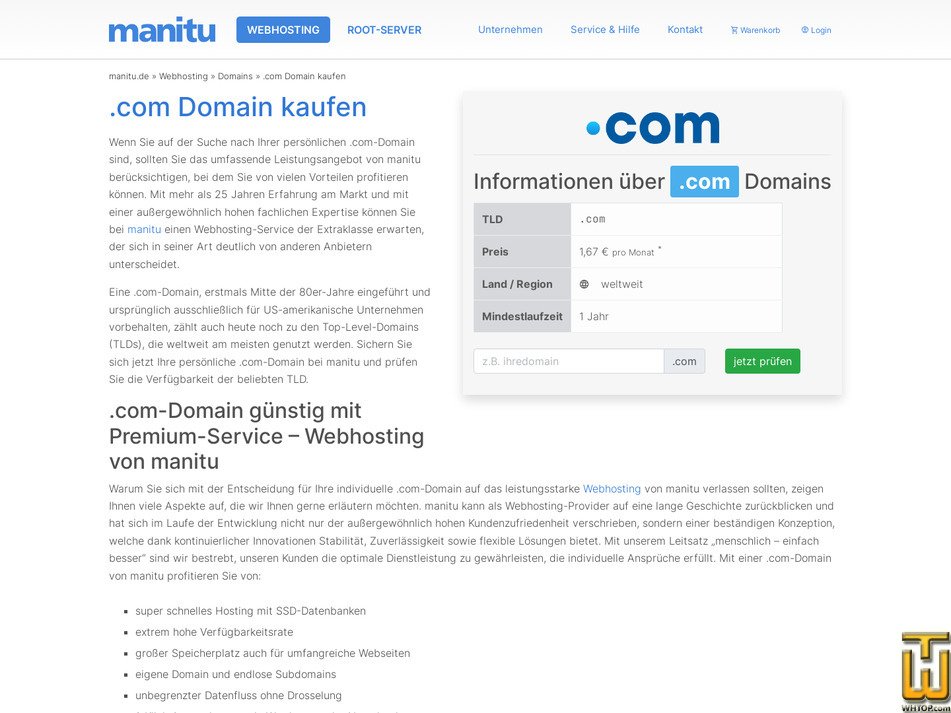 Taken on 23 March, 2026 screenshot of .com from manitu.de