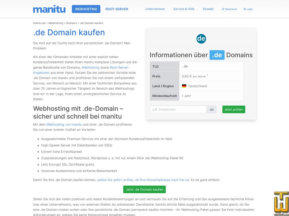 Taken on 23 March, 2026 screenshot of .de from manitu.de