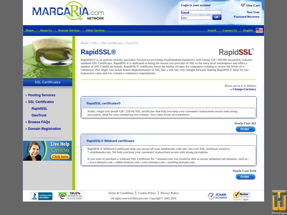 captura de pantalla de RapidSSL Wildcard desde marcaria.com