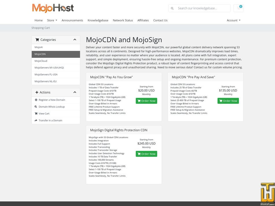 Taken on 10 April, 2026 screenshot of MojoCDN "Pre Pay And Save" from mojohost.com