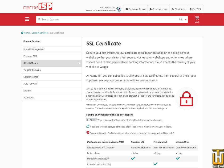 screenshot of Standard SSL from nameisp.com