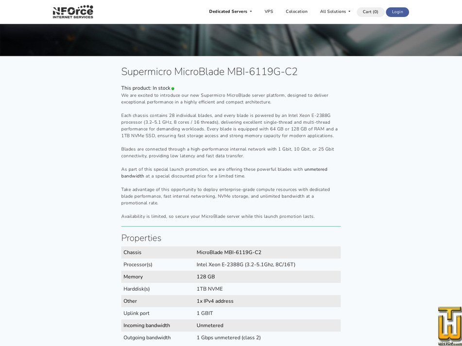 Taken on 16 March, 2026 screenshot of Supermicro MicroBlade MBI-6119G-C2 (128GB + unmetered bandwidth) from nforce.com