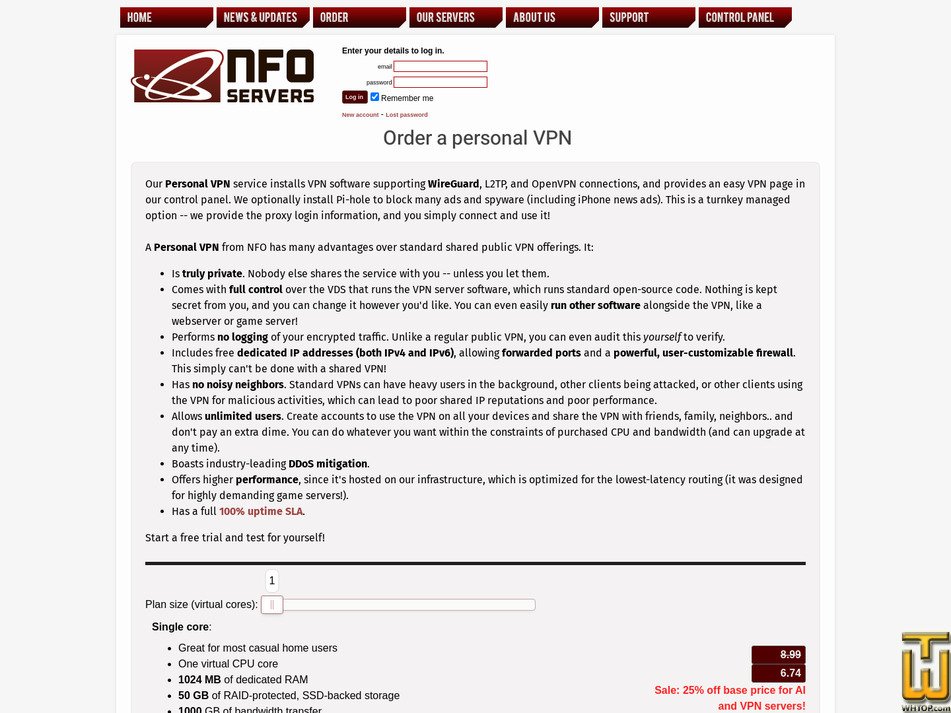 Taken on 3 May, 2026 screenshot of One-core Personal VPN from nfoservers.com