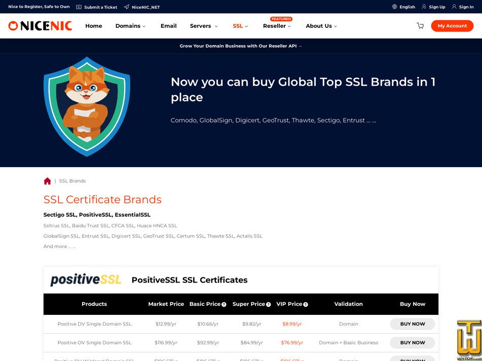 screenshot of PositiveSSL EV Single Domain SSL from nicenic.com