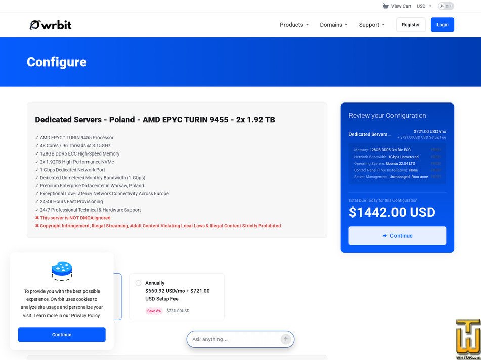 Taken on 14 September, 2026 screenshot of AMD EPYC TURIN 9455 - (Warsaw, Poland) from owrbit.com
