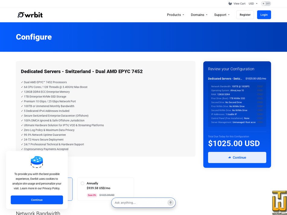 screenshot of Dual AMD EPYC 7452 - (Zurich, Switzerland) from owrbit.com