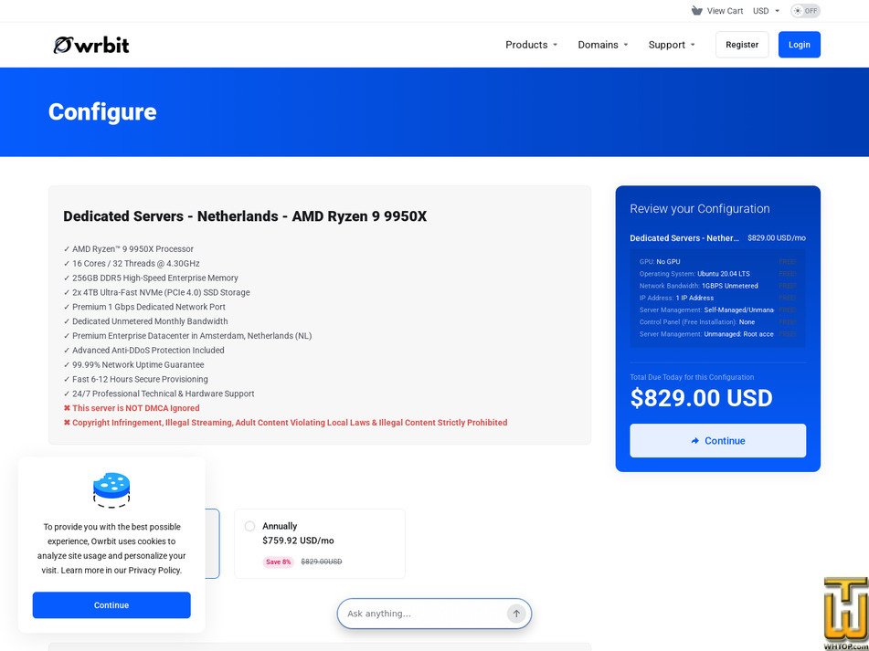 Taken on 14 September, 2026 screenshot of AMD Ryzen 9 9950X - Netherlands from owrbit.com