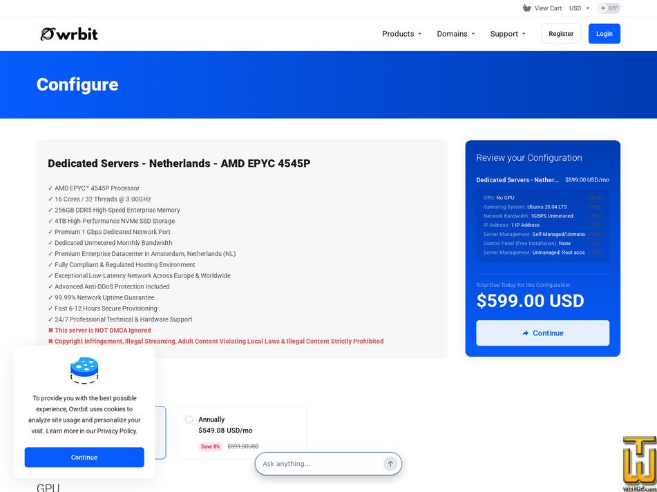 Taken on 14 September, 2026 screenshot of AMD EPYC 4545P - Netherlands from owrbit.com