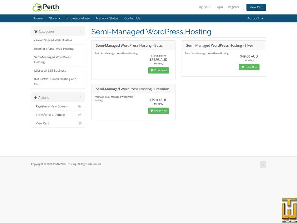Taken on 12 July, 2026 screenshot of Premium Semi-Managed WordPress Hosting from perthwebhosting.net.au