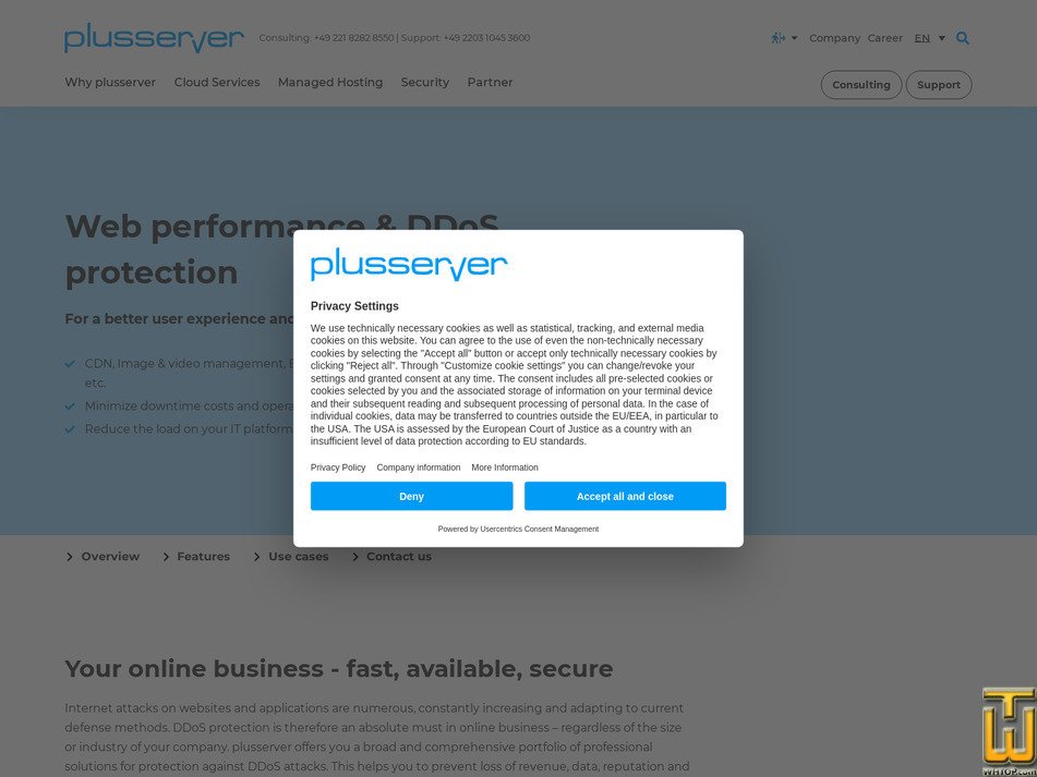 screenshot of Web performance &amp; DDoS protection from plusserver.com