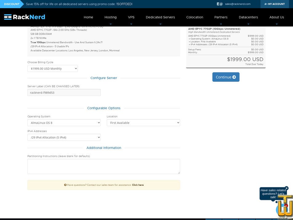 screenshot of AMD EPYC 7702P (10gbps) from racknerd.com
