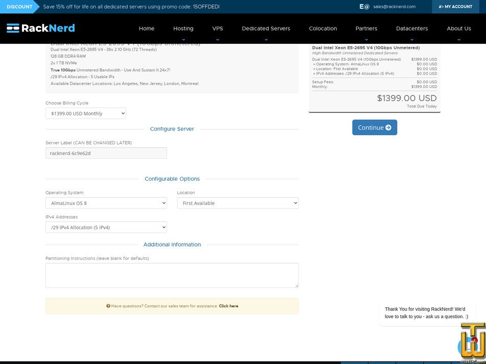 screenshot of Dual Intel Xeon E5-2695 V4 (10gbps) from racknerd.com