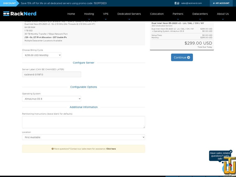 screenshot of Dual Intel Xeon E5-2620 v2 - LA / DAL / CHI / NY from racknerd.com