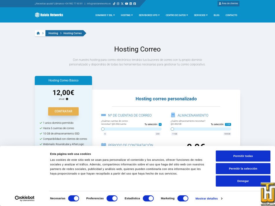 Taken on 25 May, 2026 screenshot of Hosting Correo A Medida from raiolanetworks.com