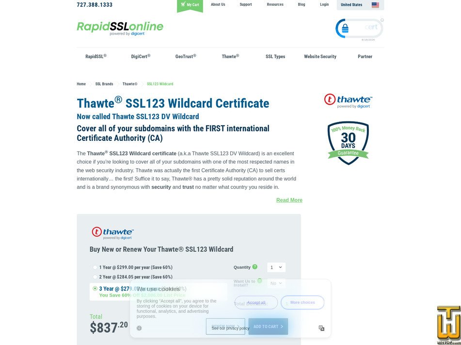 Taken on 19 June, 2026 screenshot of Thawte SSL123 Wildcard from rapidsslonline.com