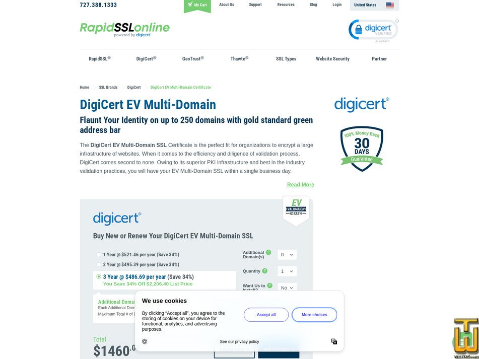 Taken on 19 June, 2026 screenshot of DigiCert EV Multi-Domain SSL from rapidsslonline.com