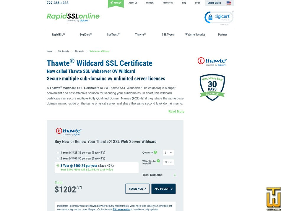 Taken on 19 June, 2026 screenshot of Thawte Wildcard SSL from rapidsslonline.com
