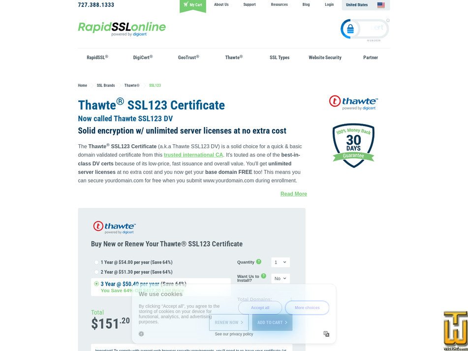 Taken on 19 June, 2026 screenshot of Thawte SSL123 from rapidsslonline.com