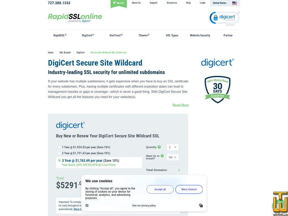 Taken on 19 June, 2026 screenshot of DigiCert Secure Site Wildcard from rapidsslonline.com