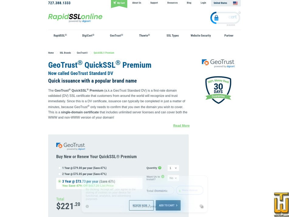 Taken on 19 June, 2026 screenshot of GeoTrust QuickSSL Premium from rapidsslonline.com