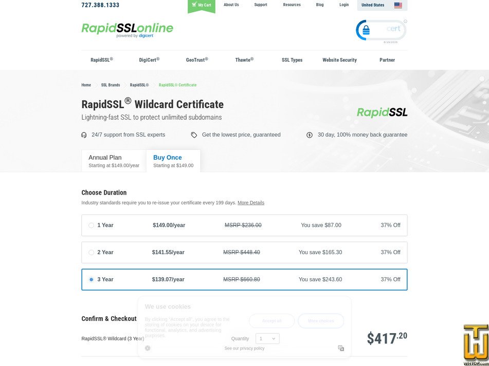 Taken on 19 June, 2026 screenshot of RapidSSL Wildcard Certificate from rapidsslonline.com