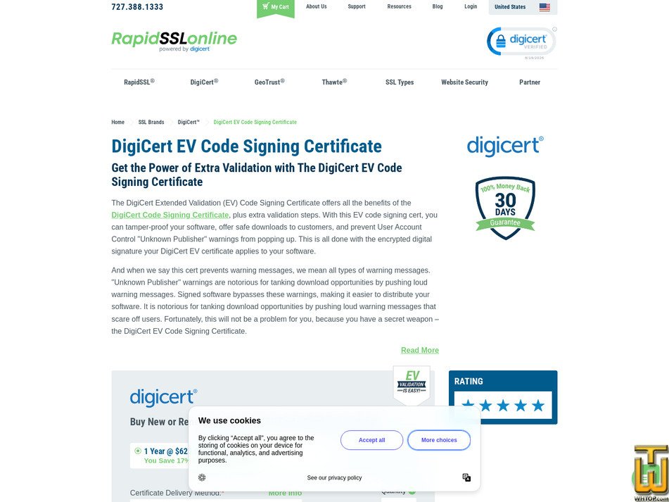 Taken on 19 June, 2026 screenshot of DigiCert EV Code Signing Certificate from rapidsslonline.com