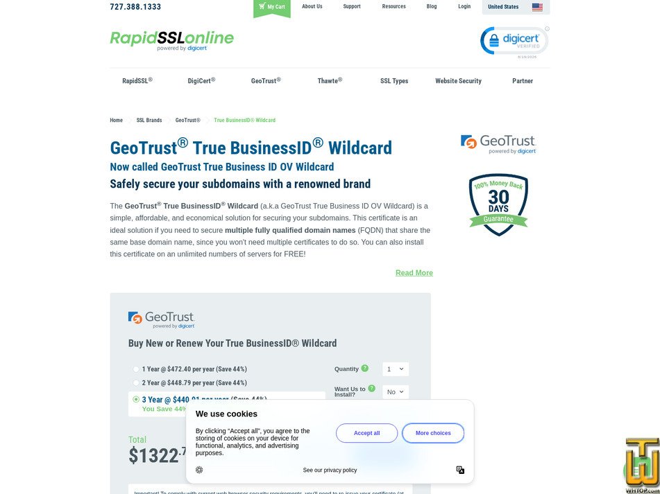 Taken on 19 June, 2026 screenshot of GeoTrust True BusinessID Wildcard from rapidsslonline.com