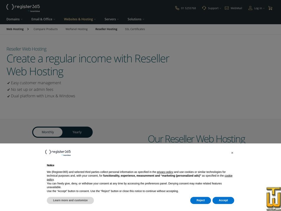 Taken on 19 May, 2026 screenshot of Reseller Web Hosting from register365.com
