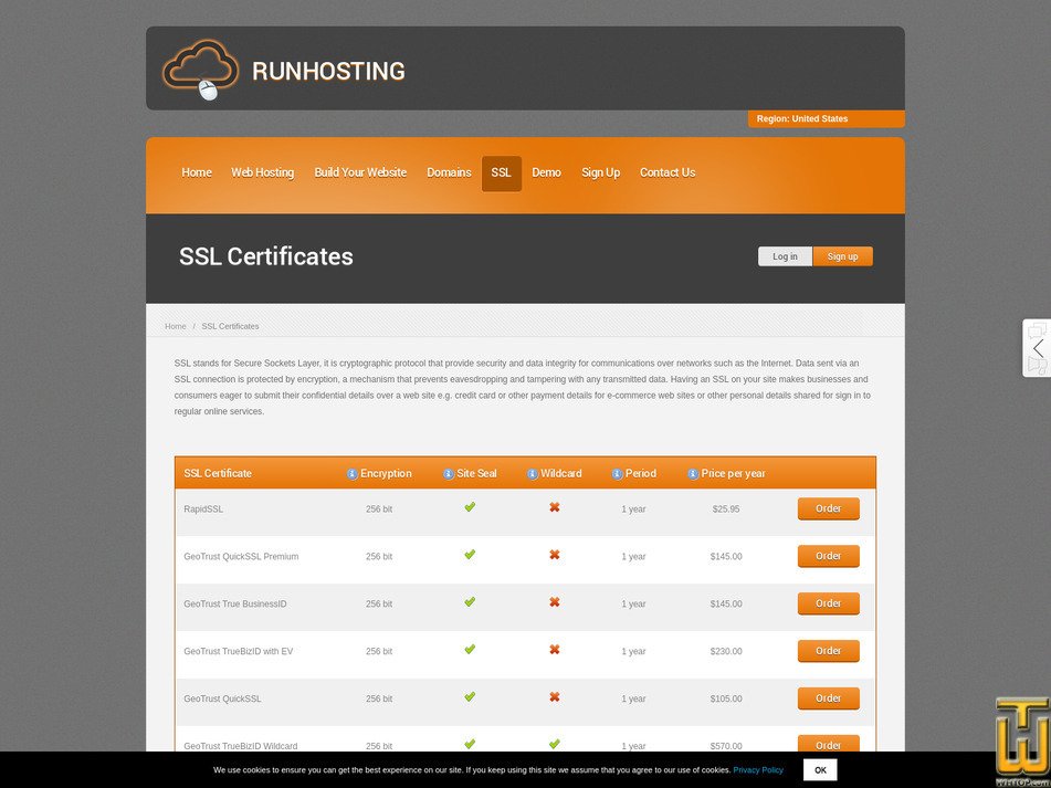 screenshot of GeoTrust QuickSSL from runhosting.com