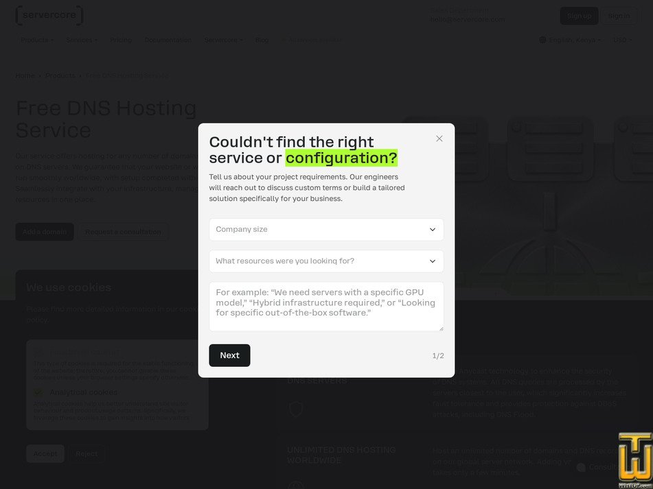 Taken on 24 August, 2026 screenshot of Free DNS Hosting from servercore.com