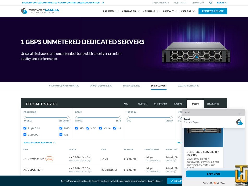screenshot of AMD EPYC 9634 – 1Gbps from servermania.com