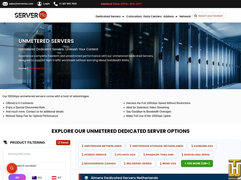 Taken on 17 May, 2026 screenshot of Unmetered Servers from servermo.com
