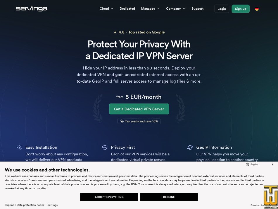 screenshot of Dedicated IP VPN Server from servinga.com