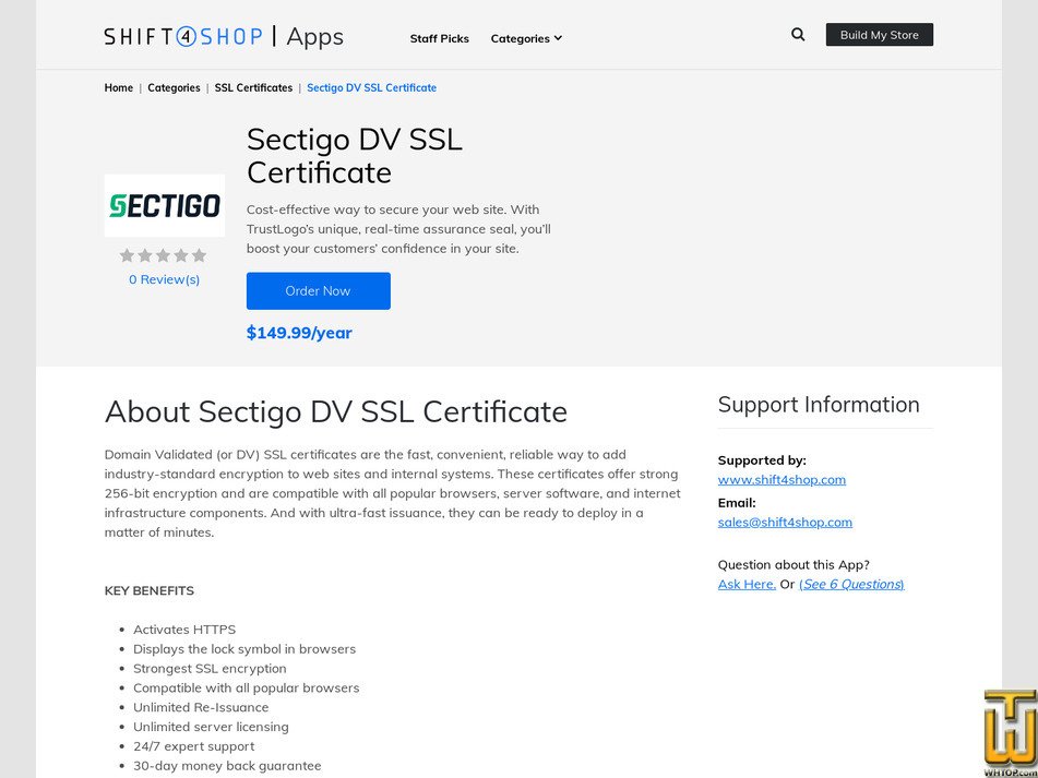 screenshot of Sectigo SSL (DV) from shift4shop.com