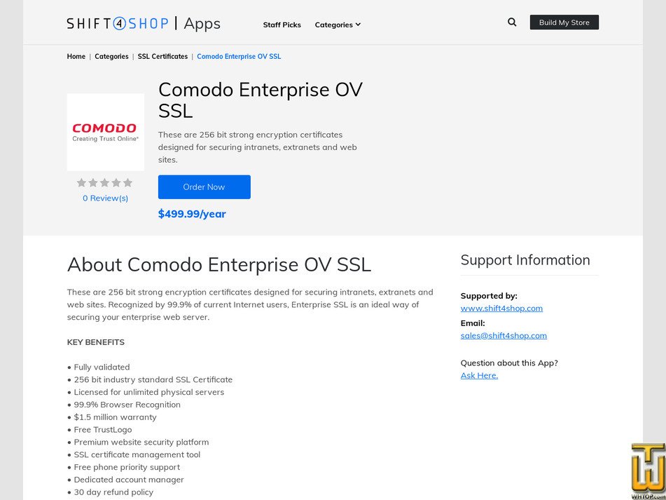 screenshot of Sectigo Enterprise SSL (OV) from shift4shop.com